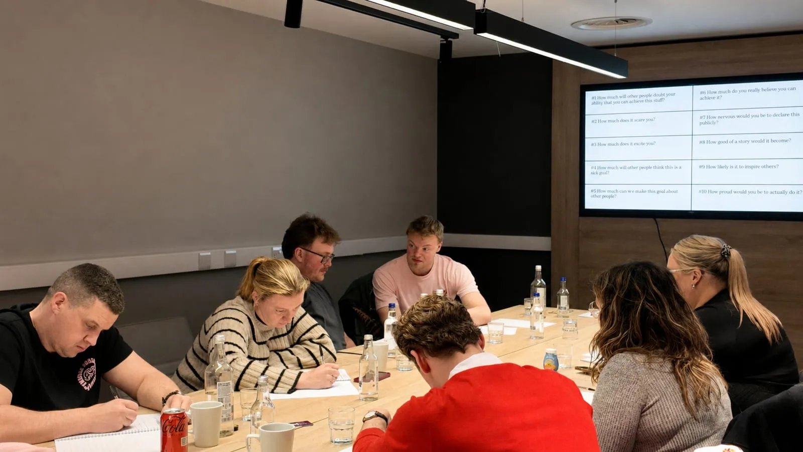 Members writing at a CBK goal-setting workshop, the ten goal questions on the screen