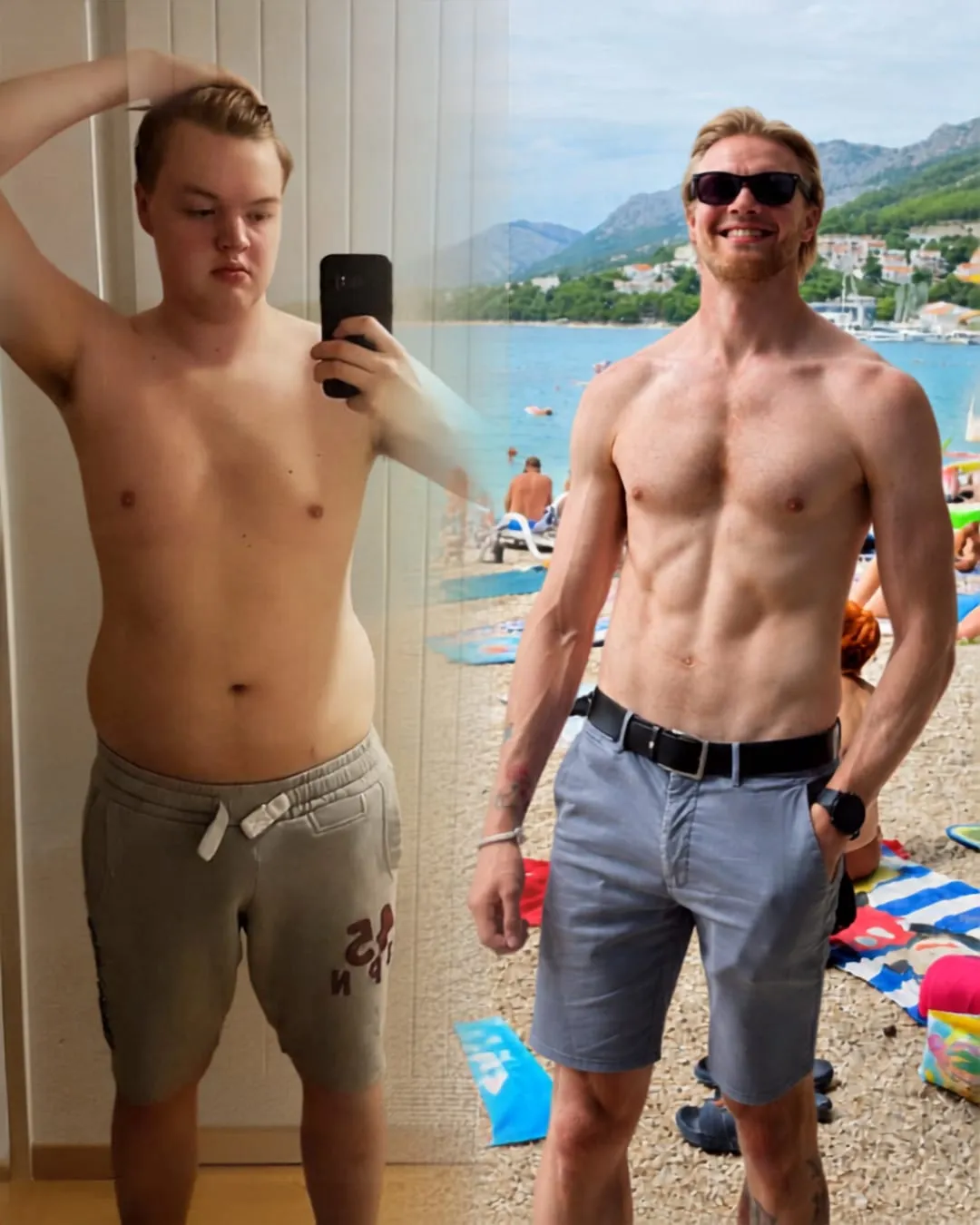 Nathan before and after: at his heaviest in a mirror selfie, and now, lean and smiling on a beach