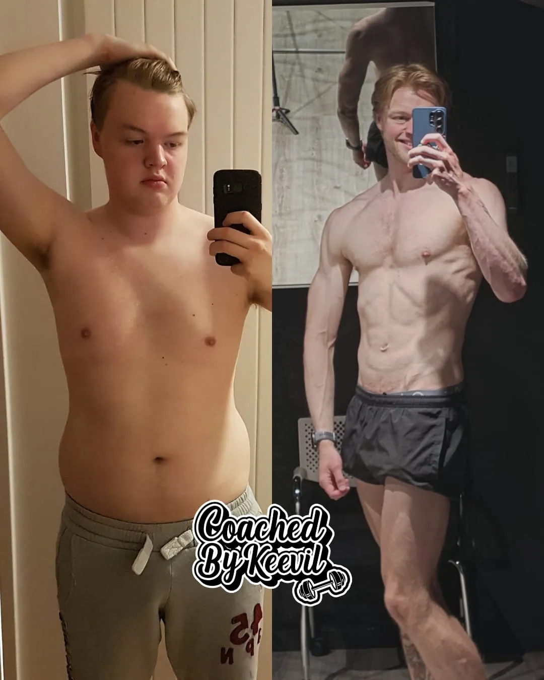 Nathan's own before and after — from his heaviest to standing lean in the gym