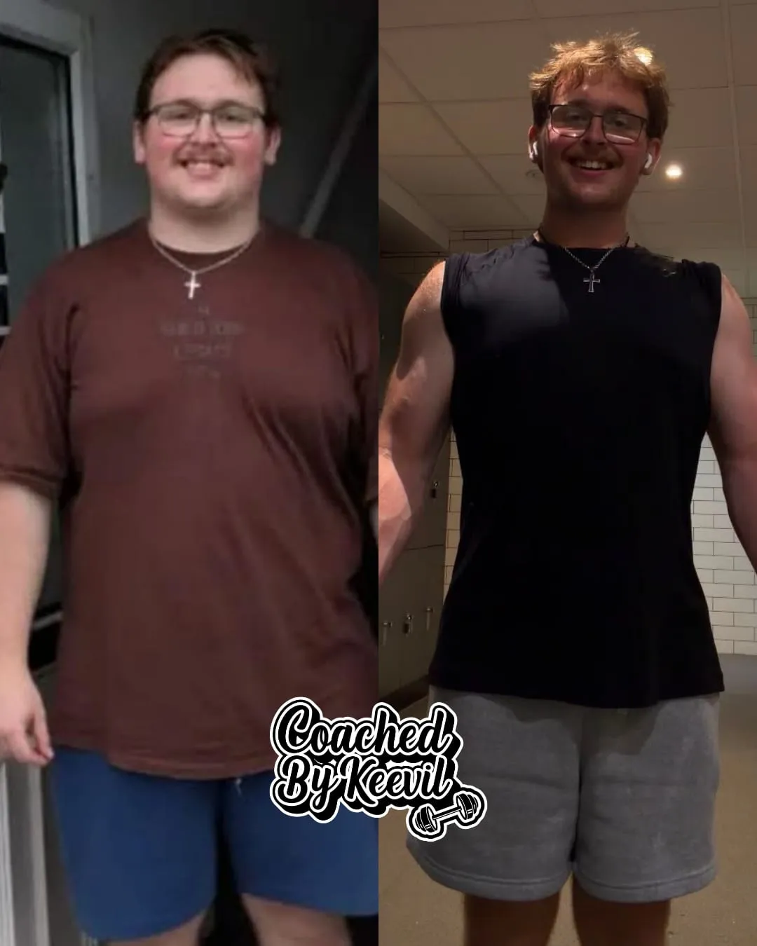 Charlie's before and after — from his first check-in photo to standing taller in the gym