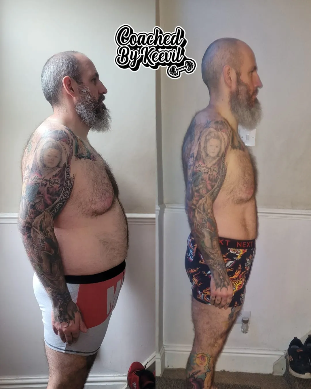 Dave's before and after, side on — the same tattoos, a lot less around them