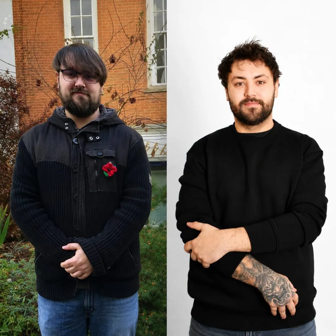 Jay's before and after — from a winter coat outdoors to a studio portrait